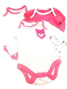 Mini Bean Baby Bodysuit Set Size 0/3m Girls 3pc Snap Long Sleeve Pink Infant